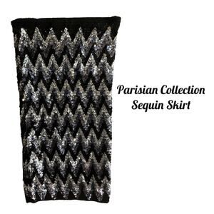 Parisian Collection Skirt SZ L Sequin Metallic Silver Black Lined Stretch Party